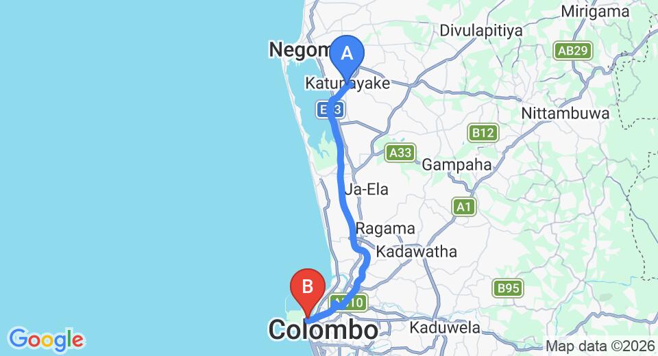 Driving route map: Colombo Airport (CMB) to Grand Oriental Hotel, Colombo (34 km, approx 45 min private transfer)