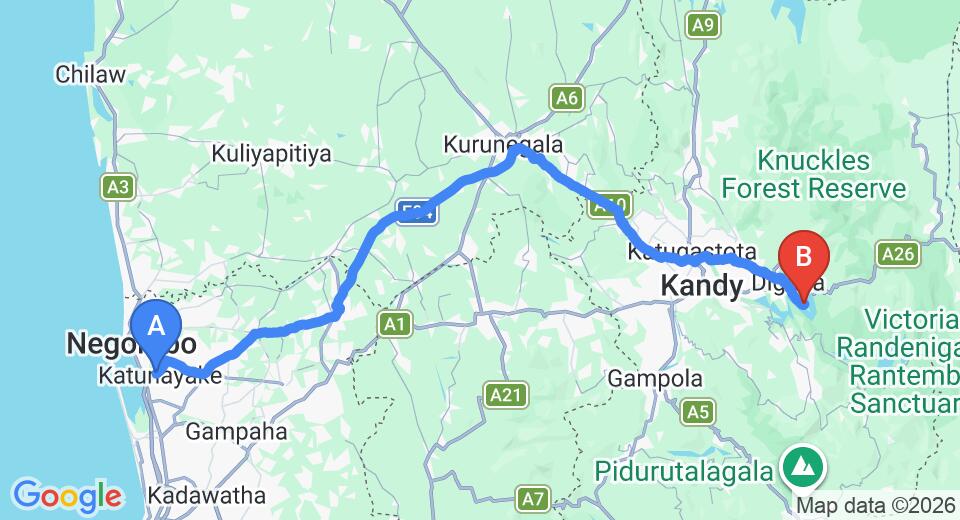Driving route map: Colombo Airport (CMB) to Subashri at Victoria Golf and Country Resort, Kandy (131 km, approx 3 h 23 min private transfer)