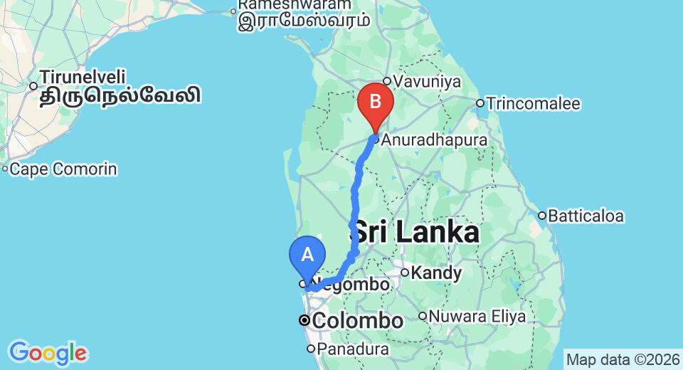 Driving route map: Colombo Airport (CMB) to National Holiday Resort - Anuradhapura, Anuradhapura (175 km, approx 3 h 46 min private transfer)