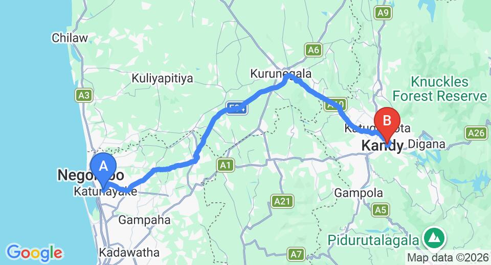 Driving route map: Colombo Airport (CMB) to Hotel Thilanka, Kandy (116 km, approx 2 h 54 min private transfer)