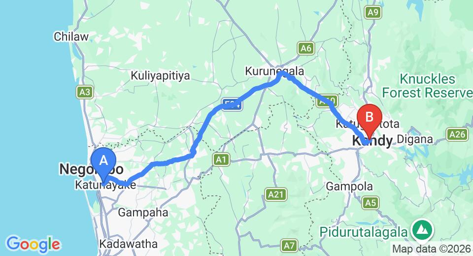 Driving route map: Colombo Airport (CMB) to Hotel Topaz, Kandy (112 km, approx 2 h 48 min private transfer)