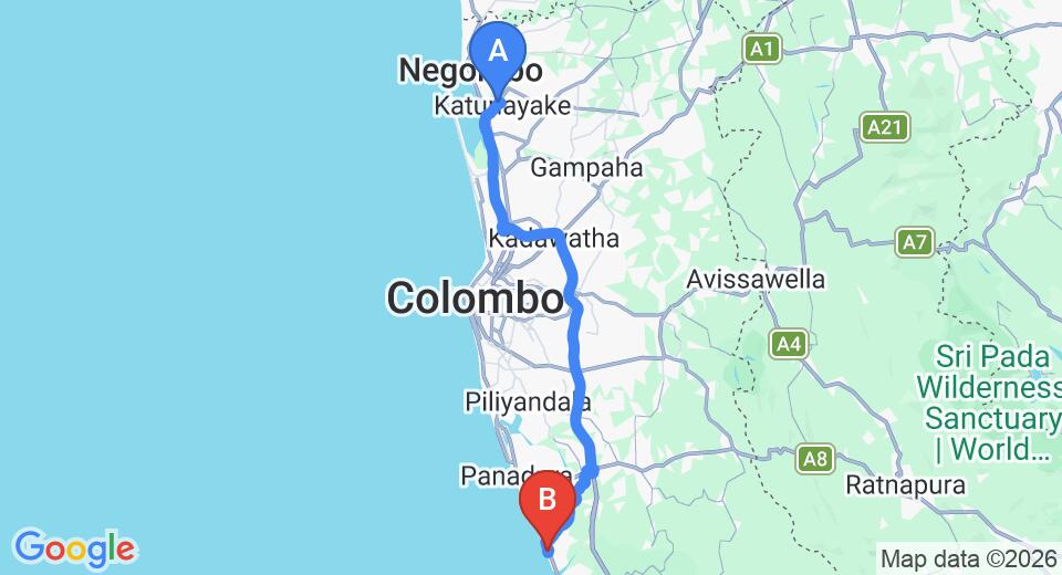 Driving route map: Colombo Airport (CMB) to Club Waskaduwa Beach Resort and Spa, Kalutara (80 km, approx 1 h 24 min private transfer)