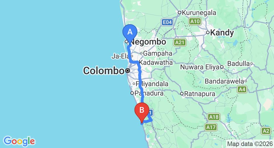 Driving route map: Colombo Airport (CMB) to Lilly Village Boutique Hotel, Bentota (109 km, approx 1 h 44 min private transfer)