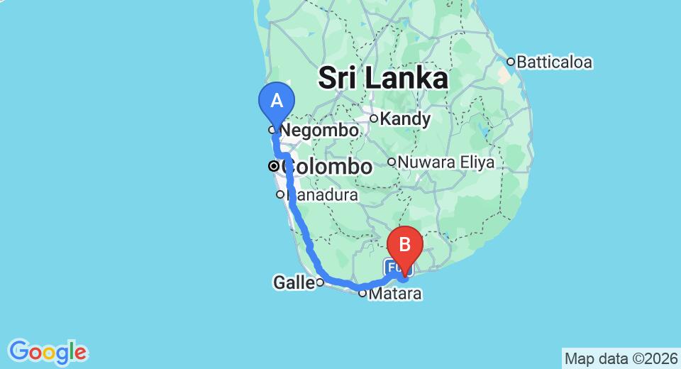 Driving route map: Colombo Airport (CMB) to Good Karma Hotel, Tangalle (223 km, approx 3 h 3 min private transfer)