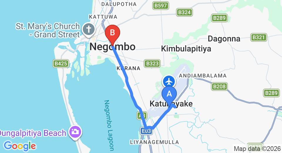 Driving route map: Colombo Airport (CMB) to Sahasra Hotel, Negombo (9 km, approx 20 min private transfer)