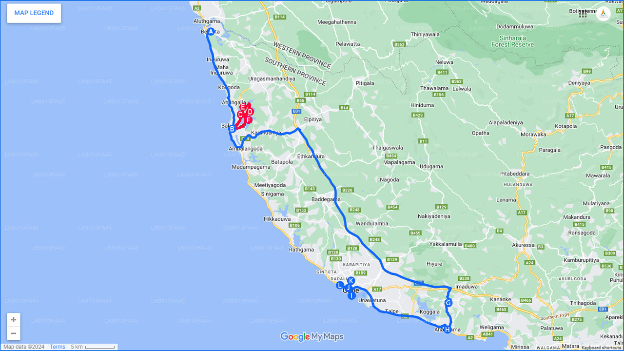 බෙන්තොට සිට බලපිටිය, හඳුනුගොඩ සහ ගාල්ල