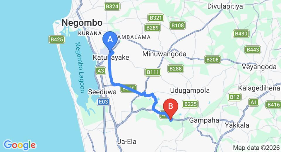 Driving route map: Colombo Airport (CMB) to Wet Water Resort, Gampaha (16 km, approx 35 min private transfer)