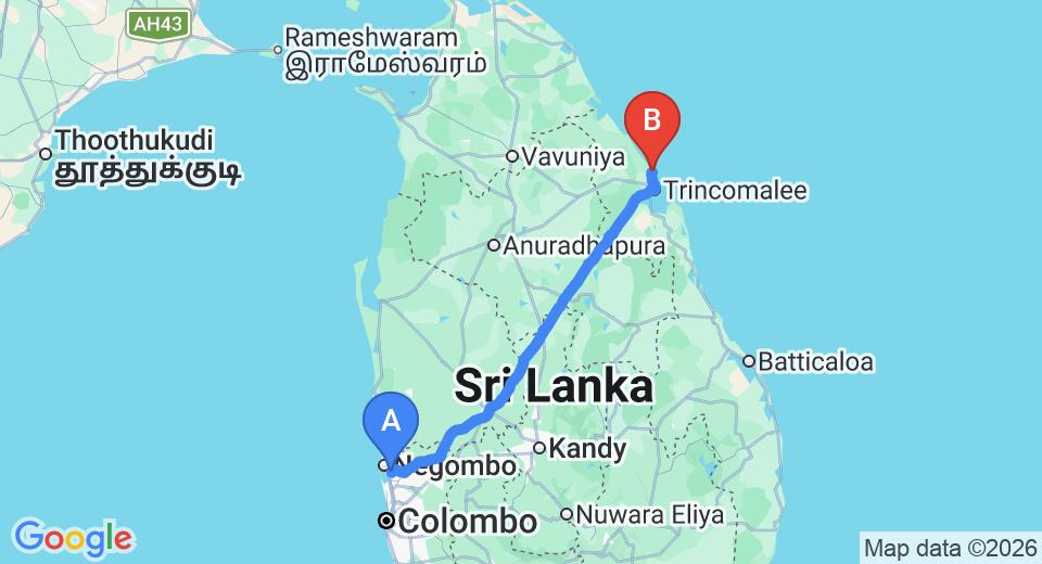 Driving route map: Colombo Airport (CMB) to High Park Hotel, Nilaveli (246 km, approx 5 h 2 min private transfer)