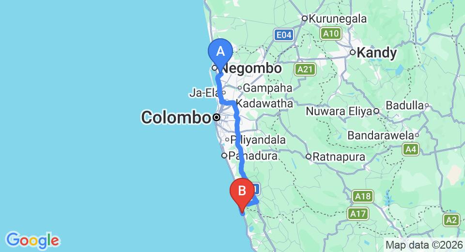 Driving route map: Colombo Airport (CMB) to Beach Villa, Induruwa (112 km, approx 1 h 46 min private transfer)