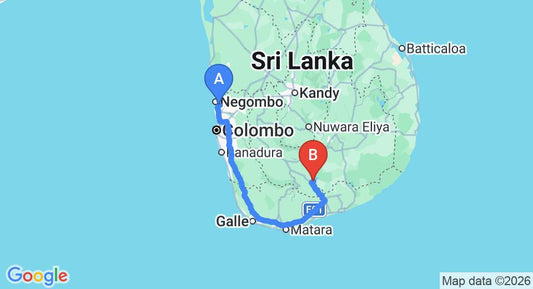Driving route map: Colombo Airport (CMB) to Hotel Athgira, Udawalawe (259 km, approx 3 h 38 min private transfer)