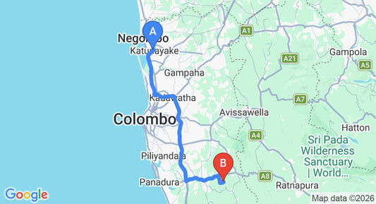 Driving route map: Colombo Airport (CMB) to God Paradise Nature Resort, Ingiriya (82 km, approx 1 h 37 min private transfer)