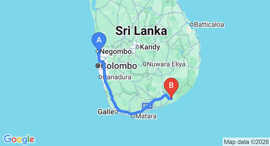 Driving route map: Colombo Airport (CMB) to EKHO Safari Tissa Hotel, Hambantota (279 km, approx 3 h 43 min private transfer)