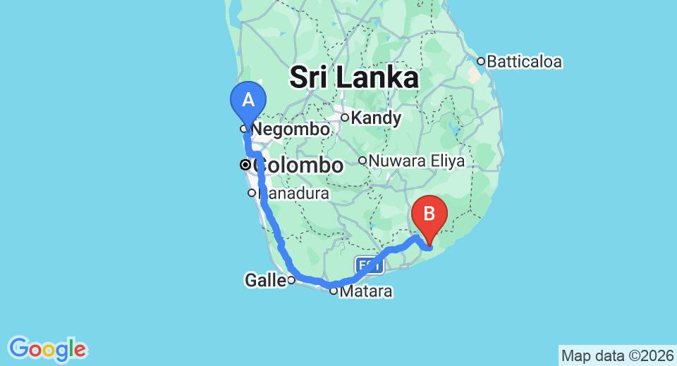 Driving route map: Colombo Airport (CMB) to The Safari, Tissamaharama (279 km, approx 3 h 43 min private transfer)