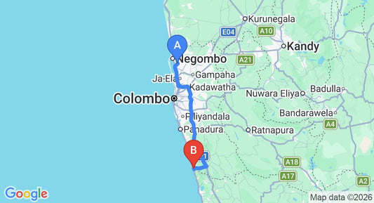 Driving route map: Colombo Airport (CMB) to Riverside, Aluthgama (106 km, approx 1 h 38 min private transfer)