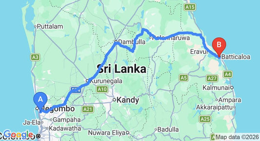 Driving route map: Colombo Airport (CMB) to Lake View Inn, Batticaloa (292 km, approx 6 h 3 min private transfer)