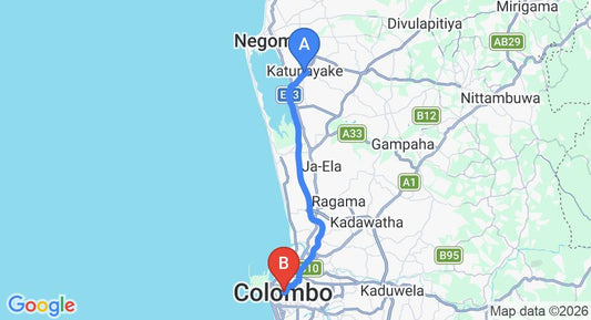 Driving route map: Colombo Airport (CMB) to Le Papillon, Colombo (32 km, approx 39 min private transfer)