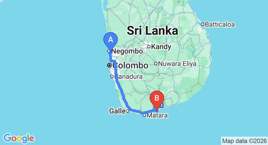 Driving route map: Colombo Airport (CMB) to Coco Tangalle, Tangalle (211 km, approx 2 h 50 min private transfer)