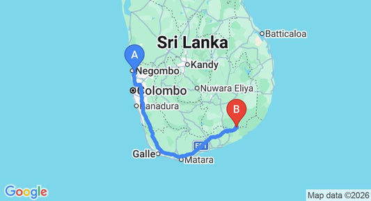 Driving route map: Colombo Airport (CMB) to Chenra Hotel, Kataragama (286 km, approx 3 h 48 min private transfer)