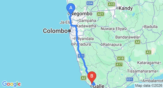 Driving route map: Colombo Airport (CMB) to Abeywasa Gardens Inland Hills, Galle (151 km, approx 2 h 10 min private transfer)