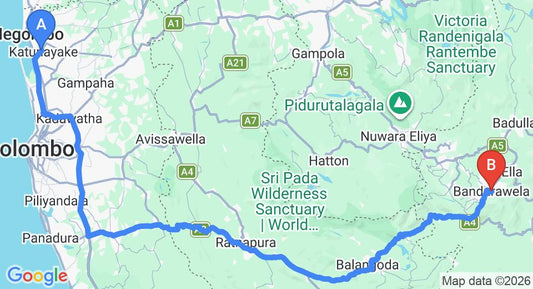 Driving route map: Colombo Airport (CMB) to The Hideaway, Bandarawela (220 km, approx 5 h 23 min private transfer)