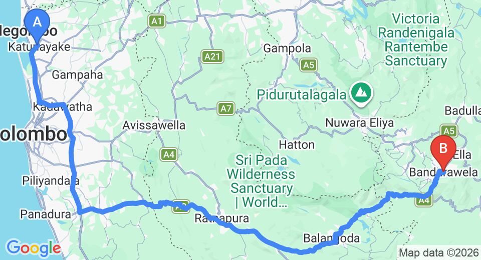 Driving route map: Colombo Airport (CMB) to Seasons Nest, Bandarawela (220 km, approx 5 h 23 min private transfer)