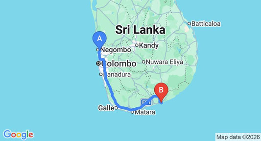 Driving route map: Colombo Airport (CMB) to Jade Green Hambantota, Hambantota (268 km, approx 3 h 25 min private transfer)