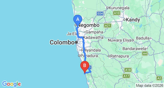 Driving route map: Colombo Airport (CMB) to Hotel Serendib, Bentota (107 km, approx 1 h 40 min private transfer)
