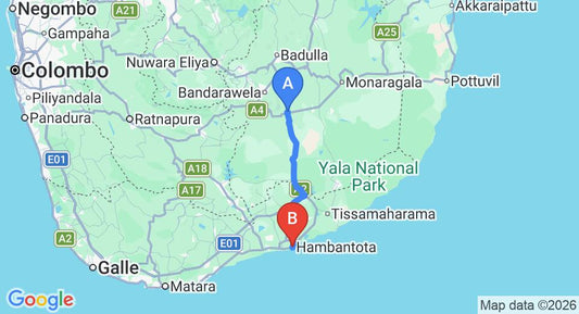 Driving route map: Wellawaya to Hambantota (82 km, approx 1 h 31 min private transfer)