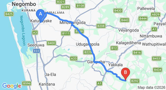 Driving route map: Colombo Airport (CMB) to Buthpitiya (29 km, approx 58 min private transfer)
