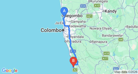 Driving route map: Colombo Airport (CMB) to Garland Beach Villa, Hikkaduwa (133 km, approx 2 h 4 min private transfer)