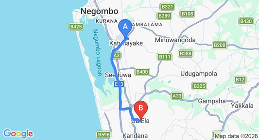 Driving route map: Colombo Airport (CMB) to Villa Somre, Ja Ela (16 km, approx 24 min private transfer)