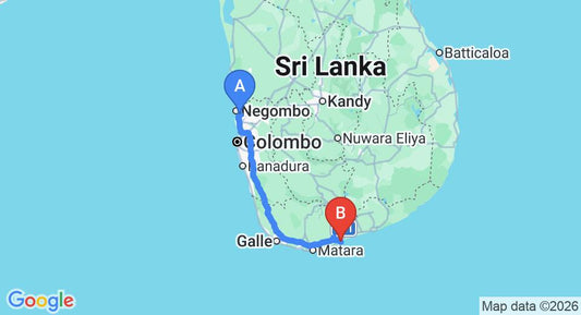 Driving route map: Colombo Airport (CMB) to Moonhills Resorts and Hotels, Tangalle (212 km, approx 2 h 52 min private transfer)