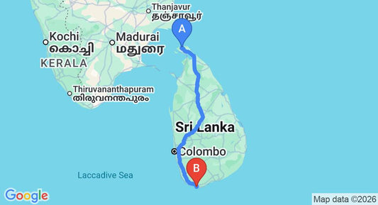 Driving route map: Jaffna (JAF) Airport to Mirissa (536 km, approx 9 h 49 min private transfer)