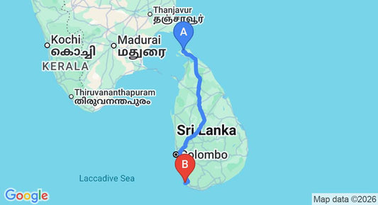 Driving route map: Jaffna (JAF) Airport to Hikkaduwa (501 km, approx 9 h 17 min private transfer)