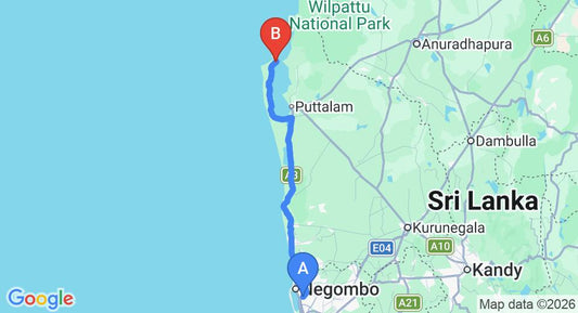 Driving route map: Colombo Airport (CMB) to Taniya Hotel, Kalpitiya (140 km, approx 3 h 17 min private transfer)