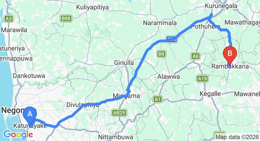 Driving route map: Colombo Airport (CMB) to Rambukkana (88 km, approx 1 h 59 min private transfer)