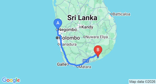 Driving route map: Colombo Airport (CMB) to Flower Garden Lake Resort, Tissamaharama (278 km, approx 3 h 41 min private transfer)