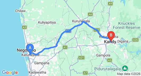 Driving route map: Colombo Airport (CMB) to OZO Kandy, Kandy (115 km, approx 2 h 53 min private transfer)