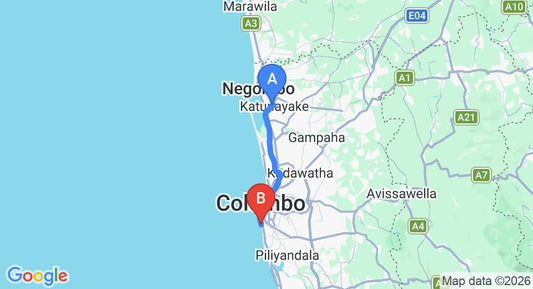 Driving route map: Colombo Airport (CMB) to Global Towers Hotel, Colombo (39 km, approx 56 min private transfer)