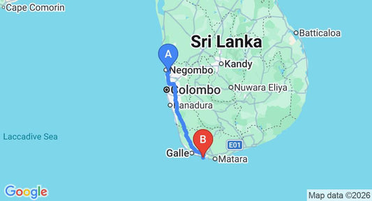 Driving route map: Colombo Airport (CMB) to Colonial Villa, Mirissa (168 km, approx 2 h 25 min private transfer)