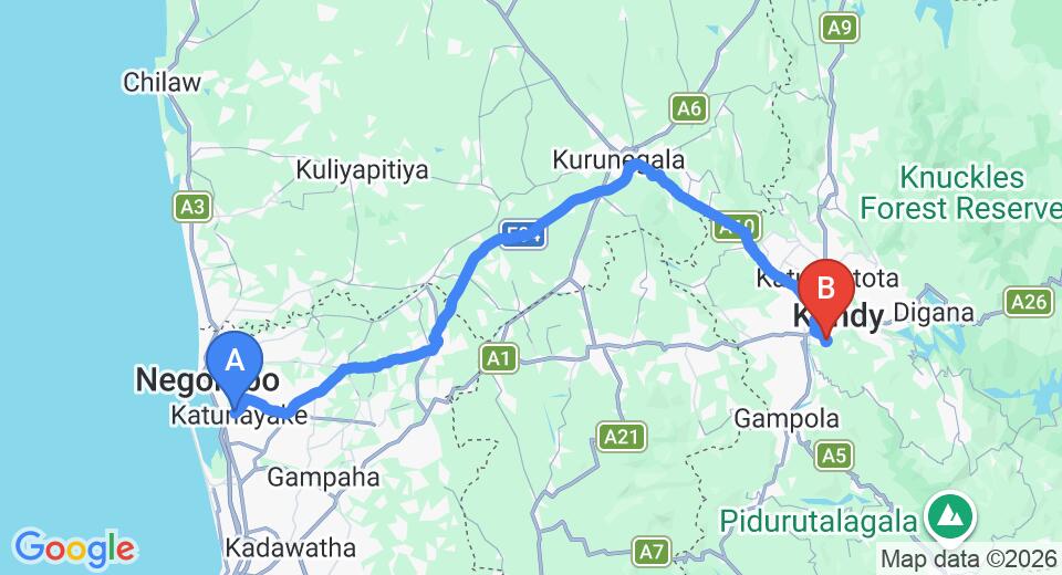 Driving route map: Colombo Airport (CMB) to Amaya Hills, Kandy (116 km, approx 2 h 58 min private transfer)