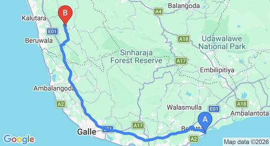 Driving route map: Tangalle to Hiriketiya (130 km, approx 1 h 55 min private transfer)