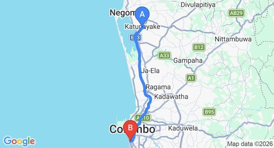 Driving route map: Colombo Airport (CMB) to Colombo Court Hotel and Spa, Colombo (36 km, approx 49 min private transfer)