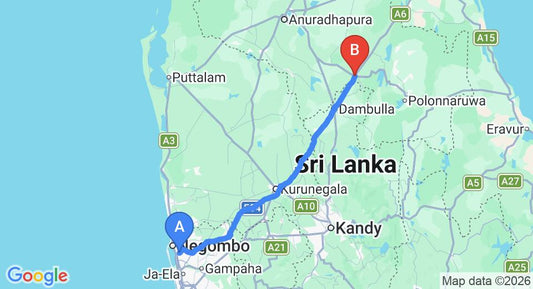 Driving route map: Colombo Airport (CMB) to Dream Cottage, Habarana (151 km, approx 3 h 12 min private transfer)