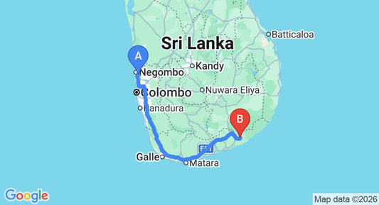 Driving route map: Colombo Airport (CMB) to Hotel Chandrika, Tissamaharama (281 km, approx 3 h 45 min private transfer)