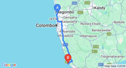 Driving route map: Colombo Airport (CMB) to Drifters Hotel and Beach Restaurant, Hikkaduwa (144 km, approx 2 h 8 min private transfer)