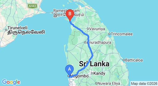 Driving route map: Colombo Airport (CMB) to El Shaddai, Mannar (296 km, approx 5 h 52 min private transfer)