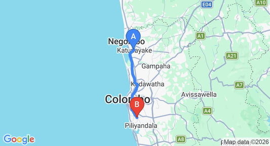 Driving route map: Colombo Airport (CMB) to Sanasuma, Boralesgamuwa (42 km, approx 1 h 5 min private transfer)