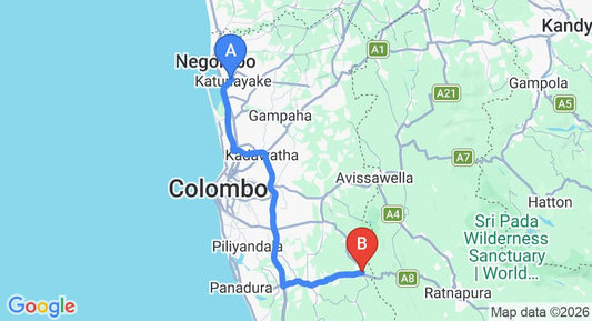 Driving route map: Colombo Airport (CMB) to Ingiriya (85 km, approx 1 h 35 min private transfer)