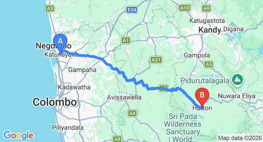 Driving route map: Colombo Airport (CMB) to Aberdeen Range Holiday Home, Hatton (116 km, approx 3 h 36 min private transfer)